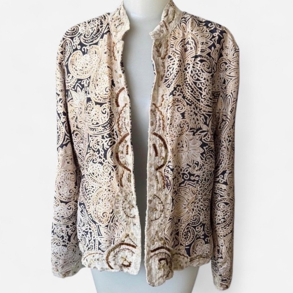 Chico's Silk Jacket Navy Blue Paisley Embroidered Beaded Boho Ornate‎ Size 1 Med